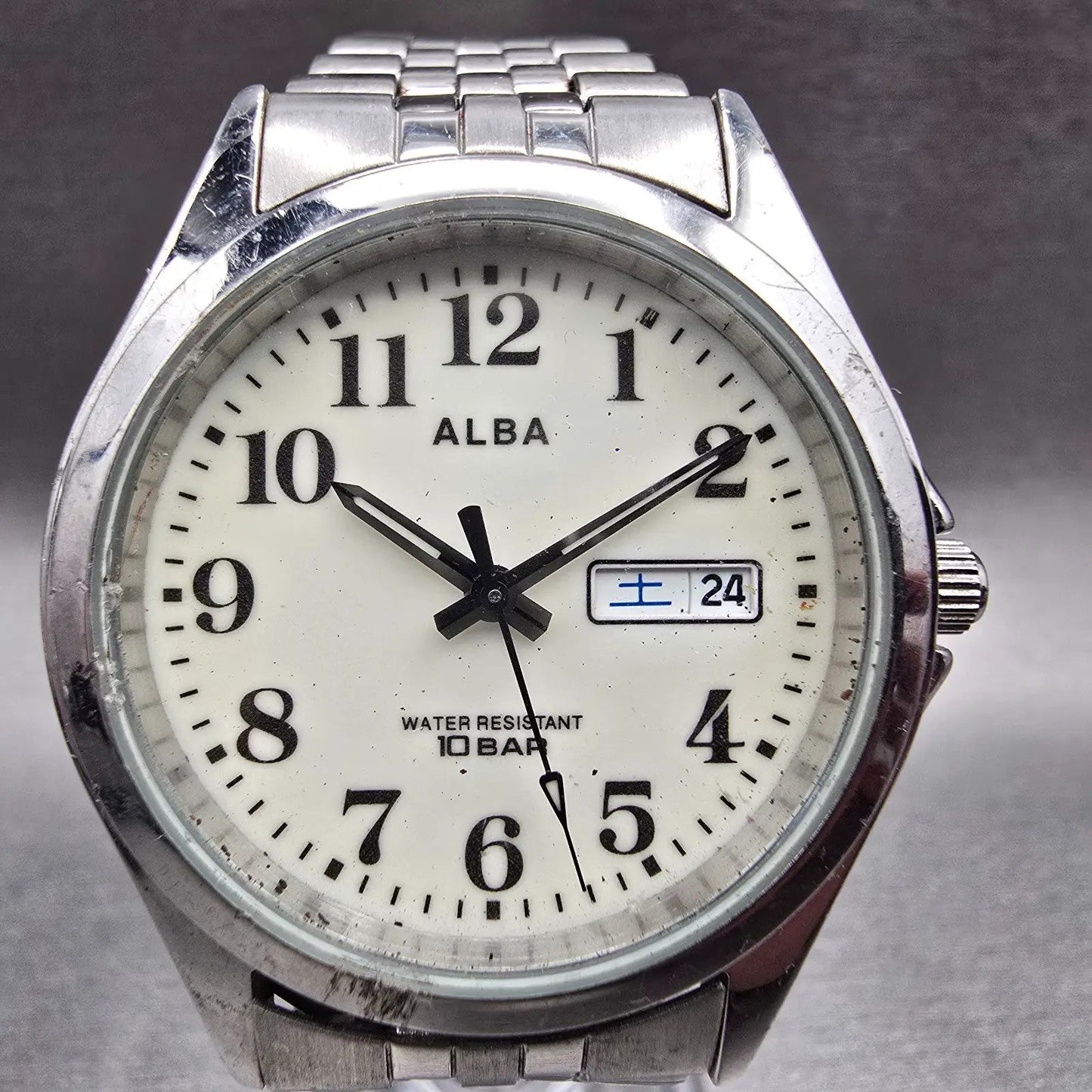 Seiko Alba Watch Men 35mm Luminous Dial Silver Tone Daydate 7N33-K002 New Batt1