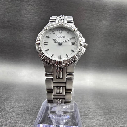 Bulova Watch Women 25mm White Dial Silver Tone Date Crystals 96R04 New Battery 25