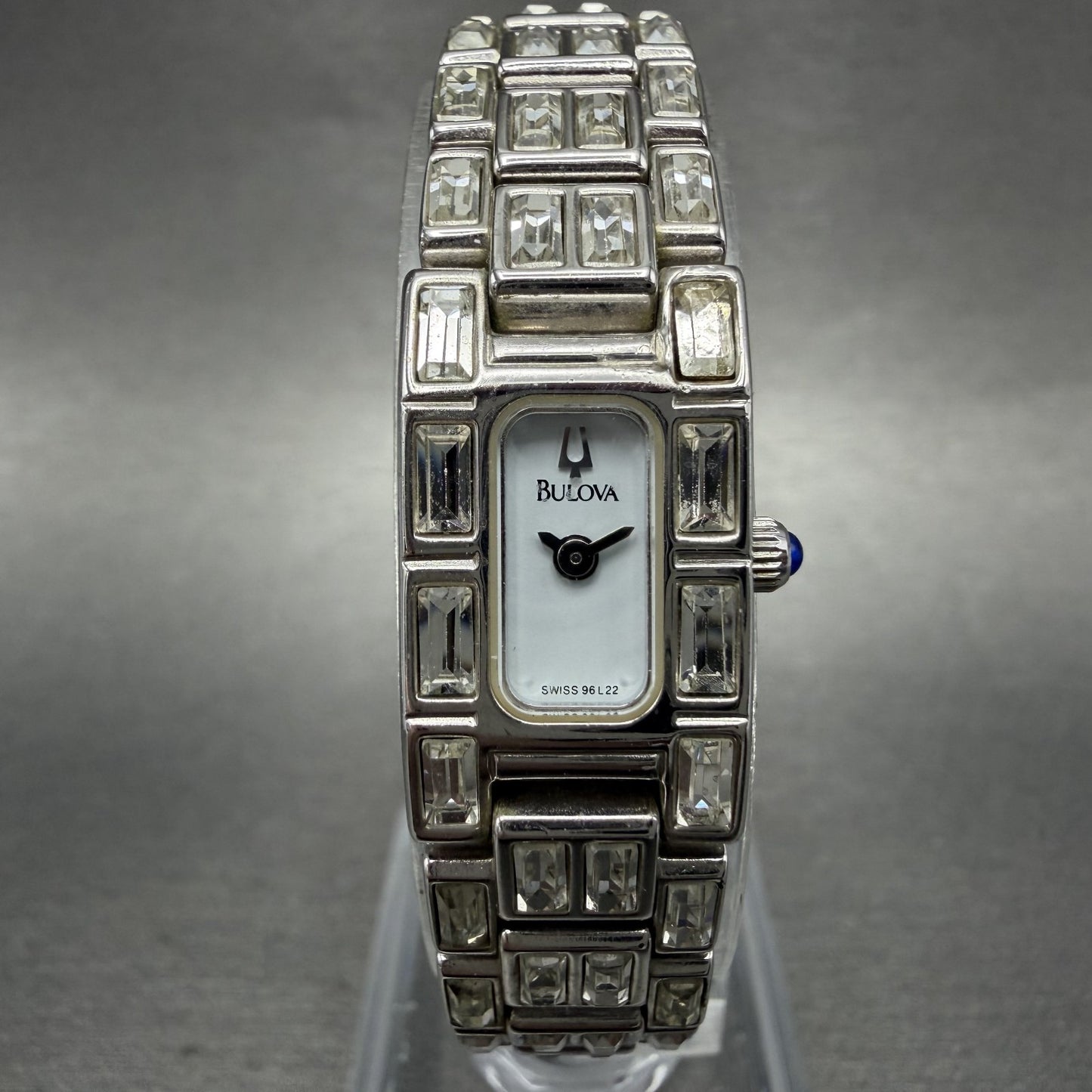 Bulova Tank Watch Women 14mm White Dial Silver Tone Crystal Accent 96L22 NewBat0