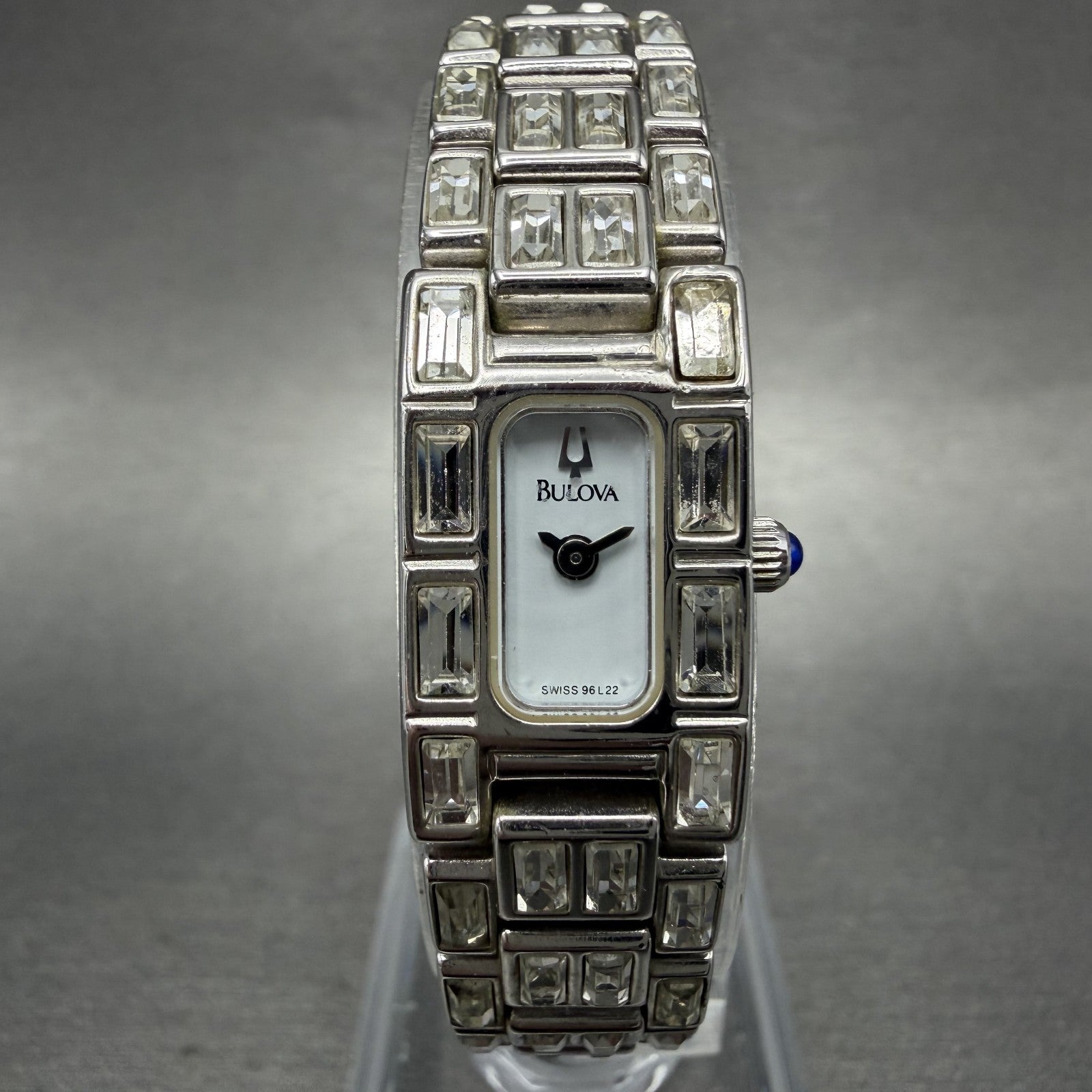 Bulova Tank Watch Women 14mm White Dial Silver Tone Crystal Accent 96L22 NewBat0