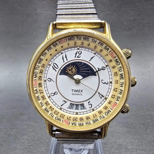 Timex Sun&Moon Watch Men 37mm White Dial Gold Tone Daydate Round New Battery VTG0