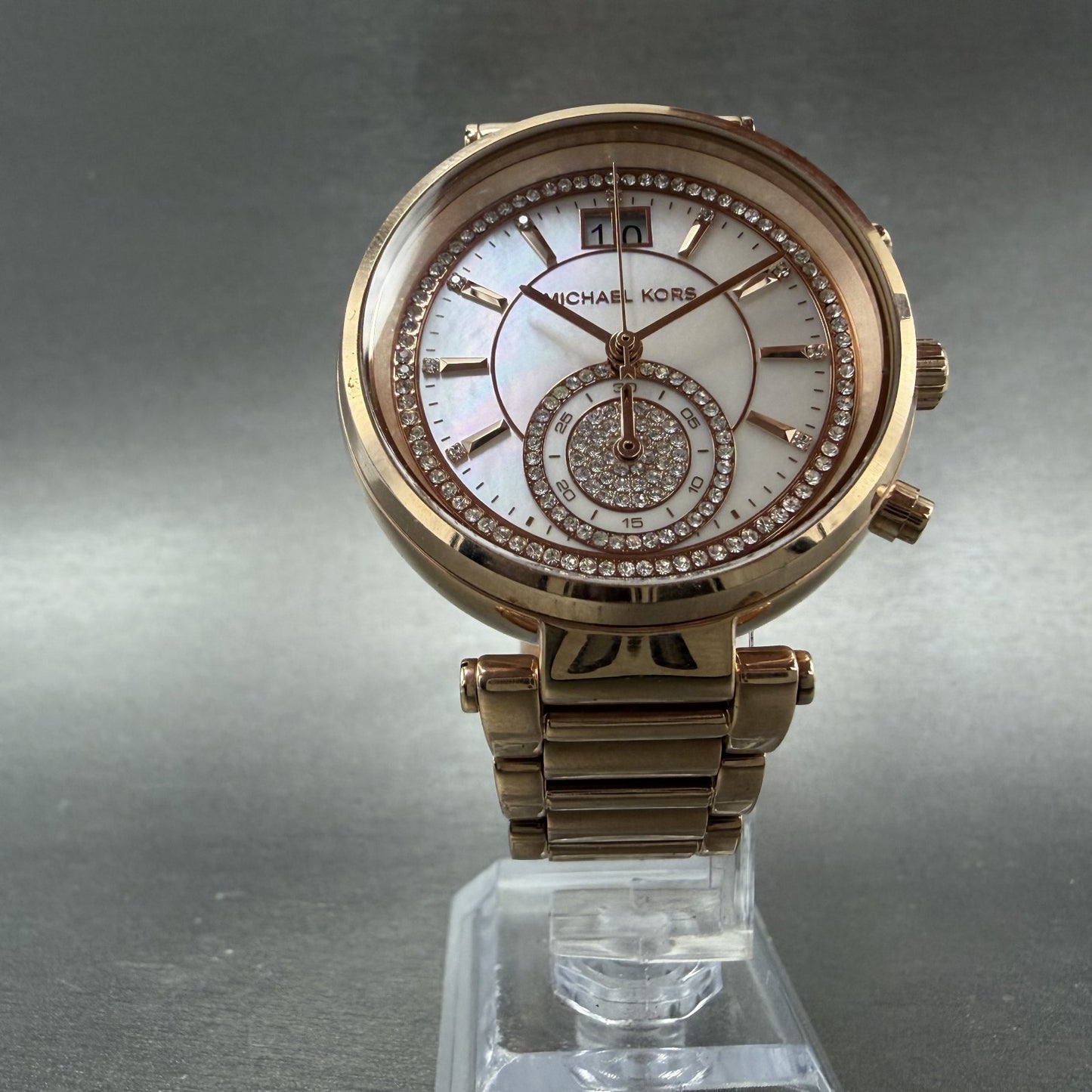 Michael kors Sawyer Watch Women 39mm MOP Dial Rose Gold Tone Date Chrono New Bat5