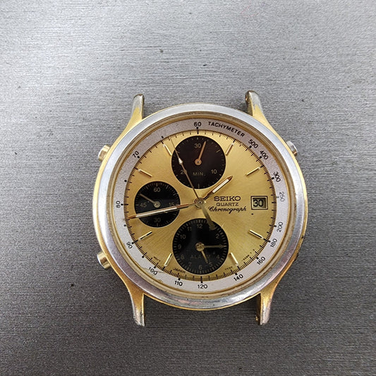 Seiko Chronograph Watch Men 37mm Champagne Dial Gold Tone 7t326a59 NewBat PARTS0