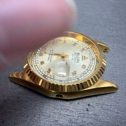 Elgin President Watch Men 35mm Gold Dial Gold Tone Date Round FK-329 PARTS6