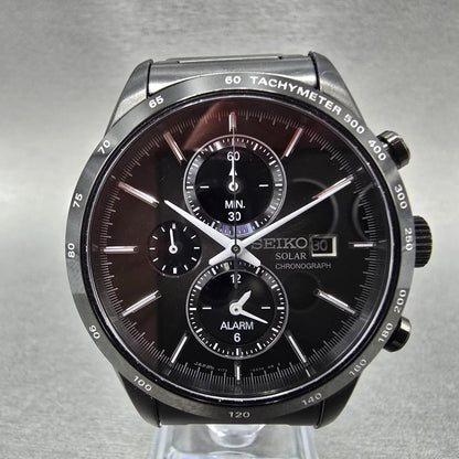Seiko Spirit Chronograph Watch Men 41mm Black Dial Black Date Solar Alarm Works2