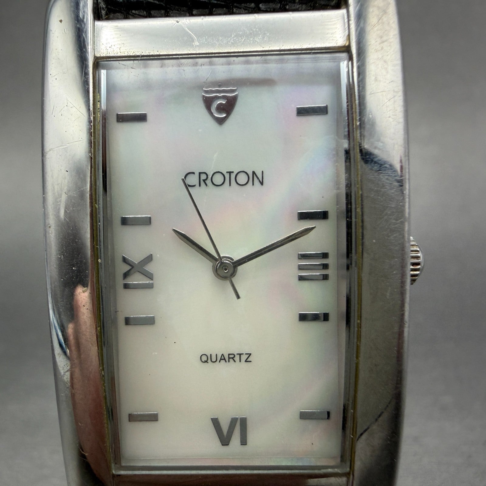 Croton Tank Watch Men 27mm MOP Dial Silver Tone Rectangle New Battery Leather1
