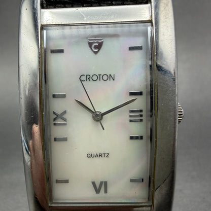 Croton Tank Watch Men 27mm MOP Dial Silver Tone Rectangle New Battery Leather1