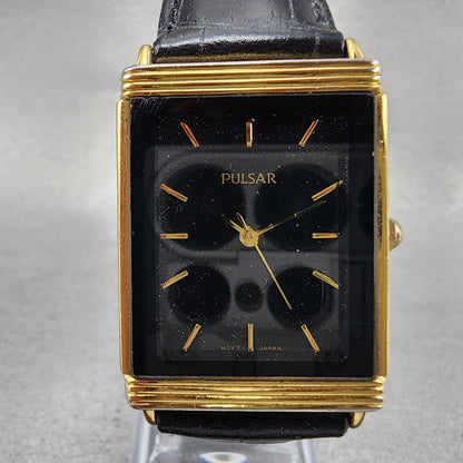 Pulsar Tank Watch Men 25mm Black Dial Gold Tone Rectangle V701-X042 New Battery