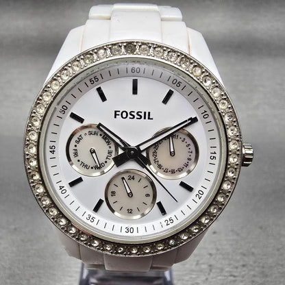 Fossil Stella Day Watch Women 38mm White Dial White Tone Daydate ES1967 New Batt1