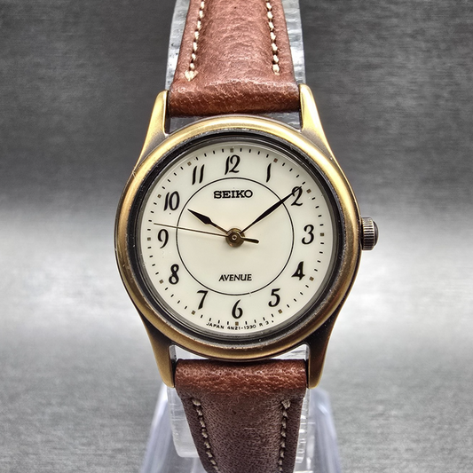 Seiko Avenue Watch Women 23mm Ivory Dial Gold Tone Round 4N21-0680 New Battery0