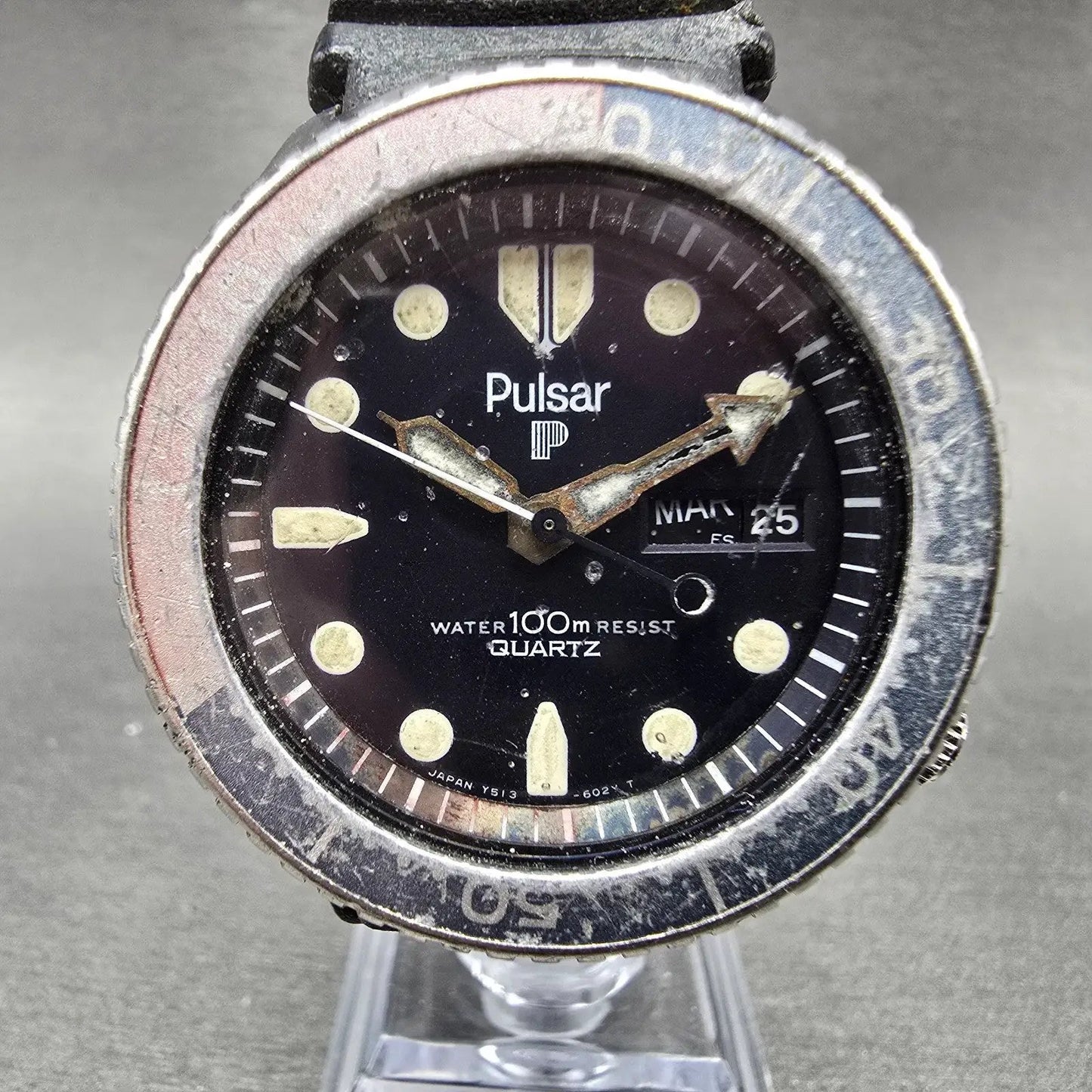Seiko Pulsar Pepsi Dive Watch Men 41mm Black Dial Steel Daydate Y513-6019 PARTS0