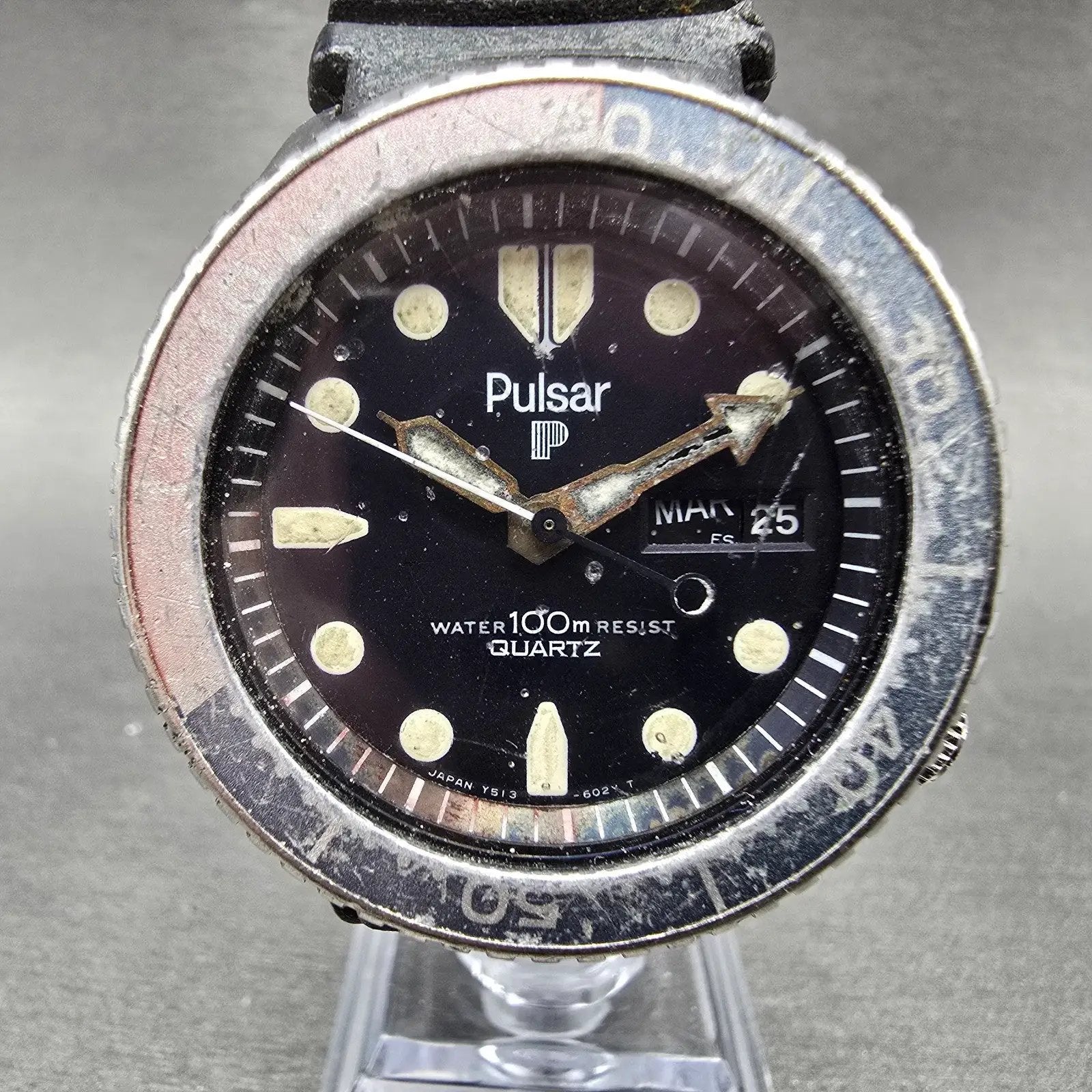 Seiko Pulsar Pepsi Dive Watch Men 41mm Black Dial Steel Daydate Y513-6019 PARTS0