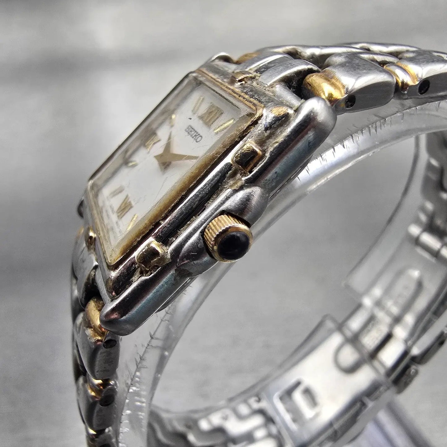 Seiko Watch Women 21mm White Dial Two Tone Rectangle 4N00-7049 New Battery VTG2