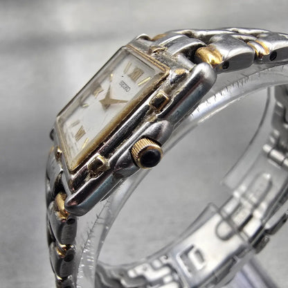 Seiko Watch Women 21mm White Dial Two Tone Rectangle 4N00-7049 New Battery VTG2