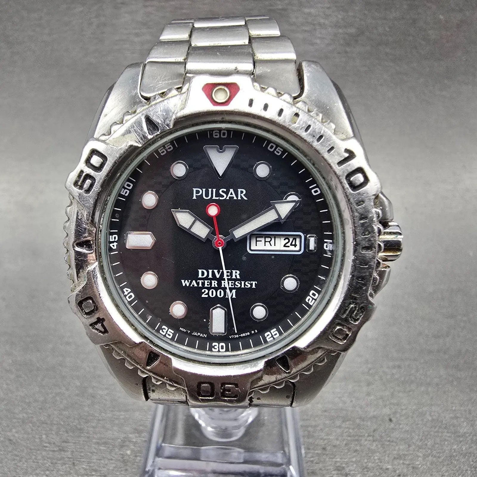 Seiko Pulsar Dive Watch Men 40mm Black Dial Steel READ! Daydate V736-6A60 NewBat0