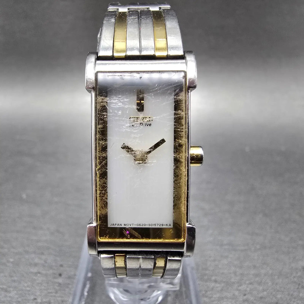 Citizen Eco-Drive Ciena Tank Watch Women 15mm MOP Dial Two Tone Rectangle Works0