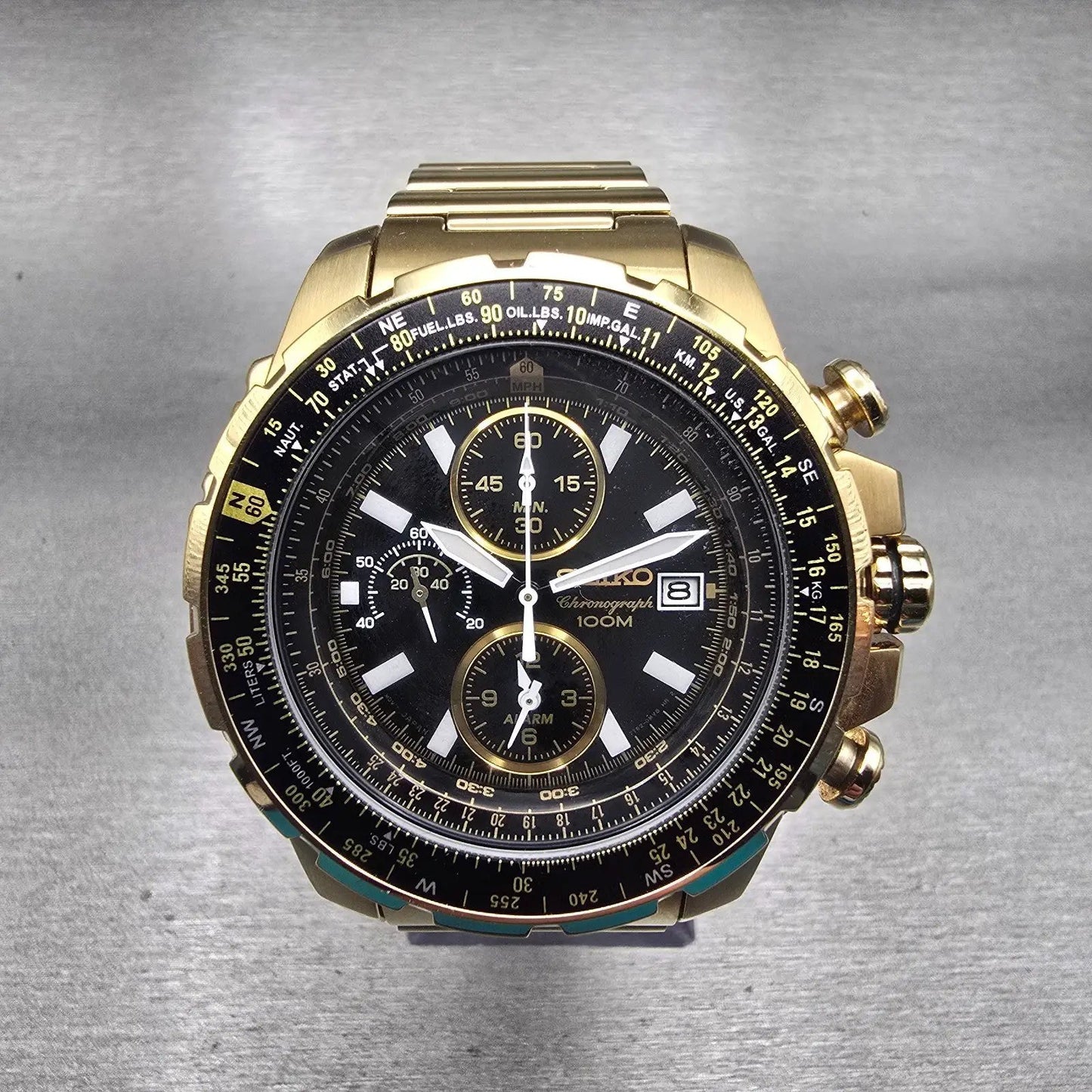 Seiko Flightmaster Chronograph Watch Men 45mm Black Dial Gold 7T62-0JR0 New Batt1