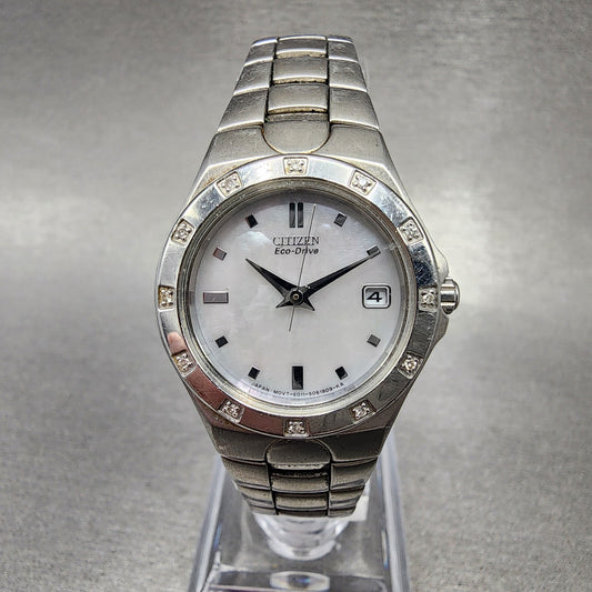 Citizen EcoDrive Watch Women 26mm MOP Dial Stainless Steel Date Diamonds Runs0