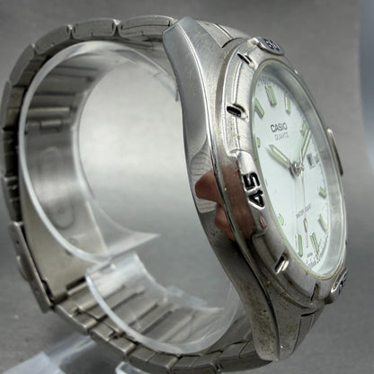 Casio Dive Watch Men 41mm White Dial Silver Tone Date Round MTP-1244 New Batt 9E3