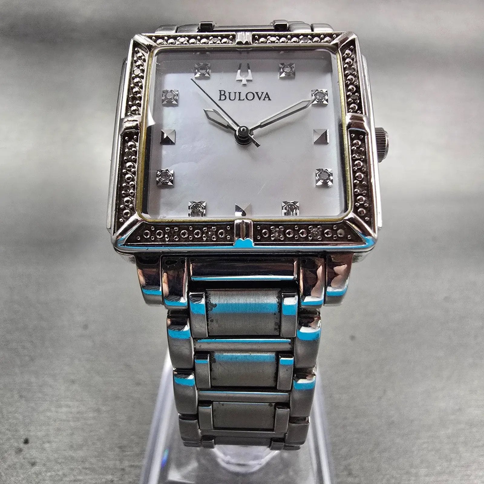 Bulova Watch Women 26mm MOP Dial Silver Tone Gemmed Square 96R107 New Battery5