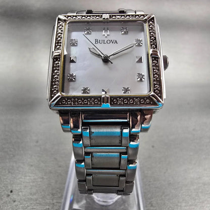 Bulova Watch Women 26mm MOP Dial Silver Tone Gemmed Square 96R107 New Battery5
