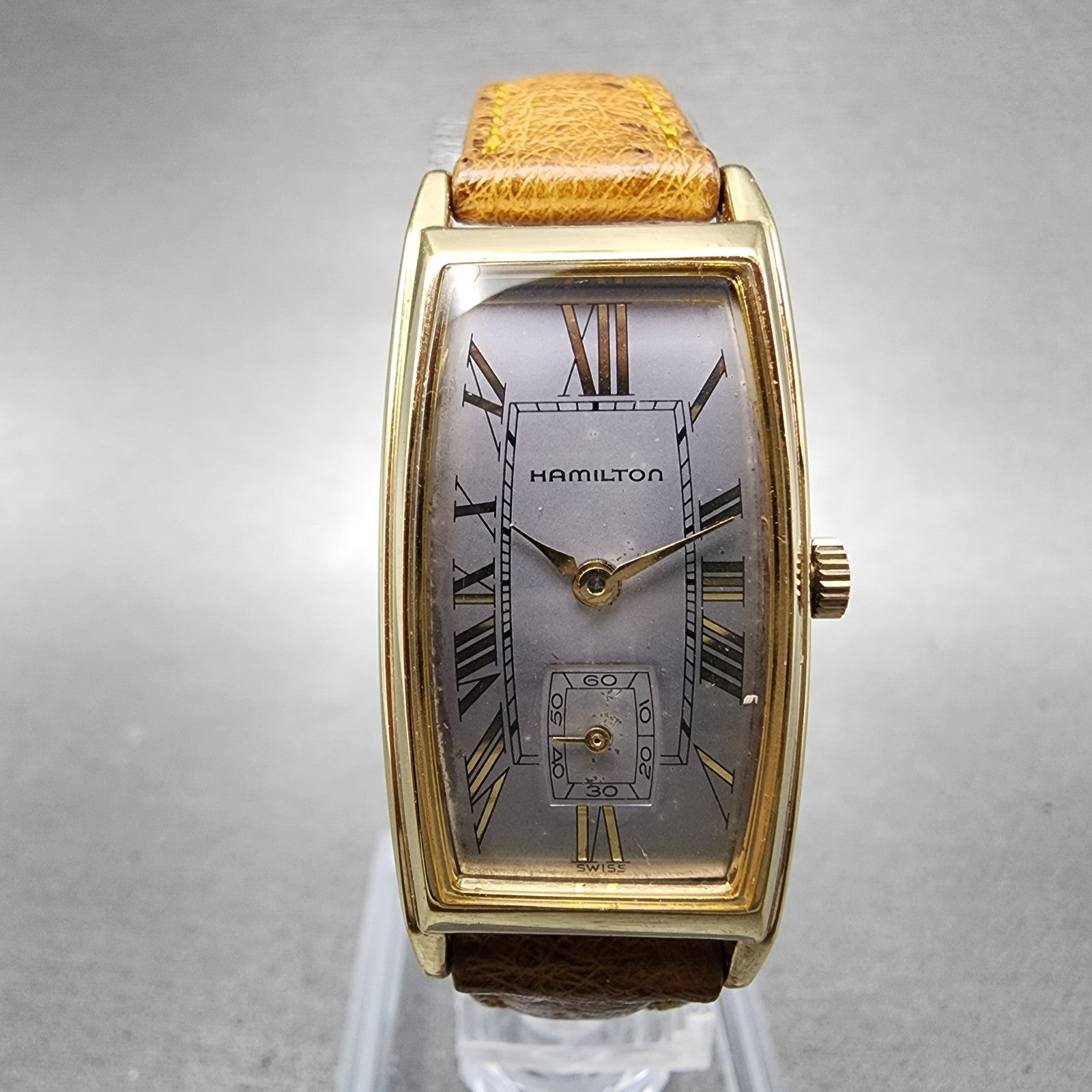 Hamilton Tank Watch Women 18mm Gray Dial Gold Tone Rectangle New Battery1