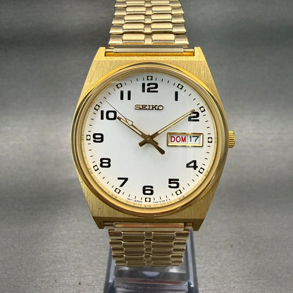 Seiko Watch Men 35mm White Dial Gold Tone Daydate Round V743-9029 New Battery0