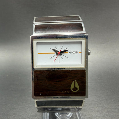 Nixon Chalet Watch Men 30mm White Dial Steel Wood Rectangle New Battery0