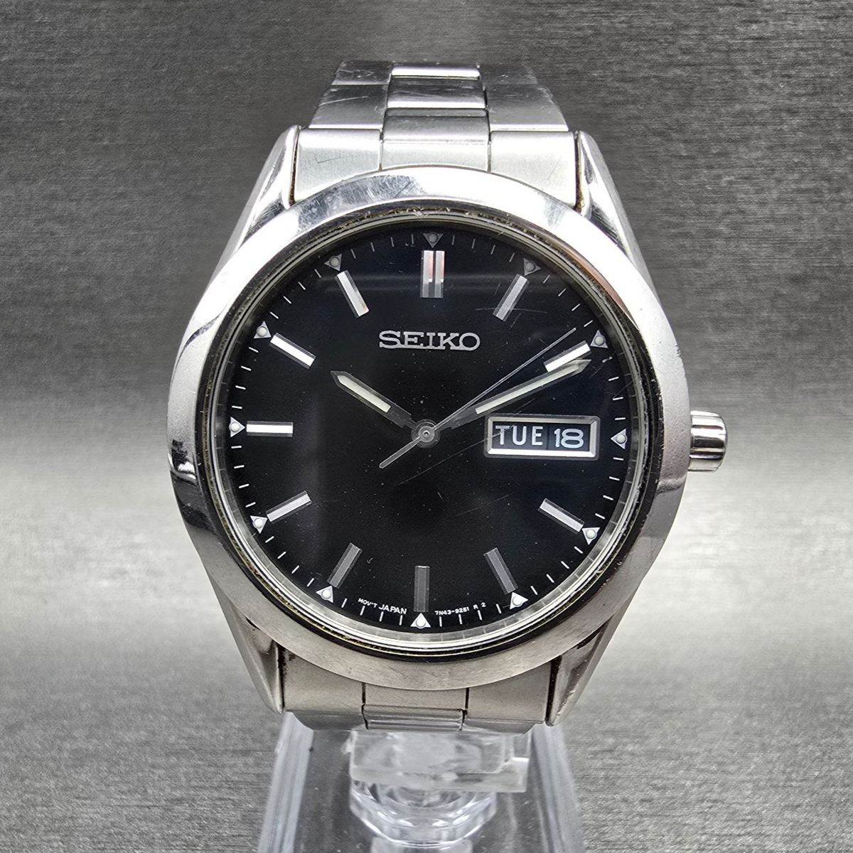 Seiko Watch Men 37mm Black Dial Silver Daydate Round 7N43-9070 New Battery JP20