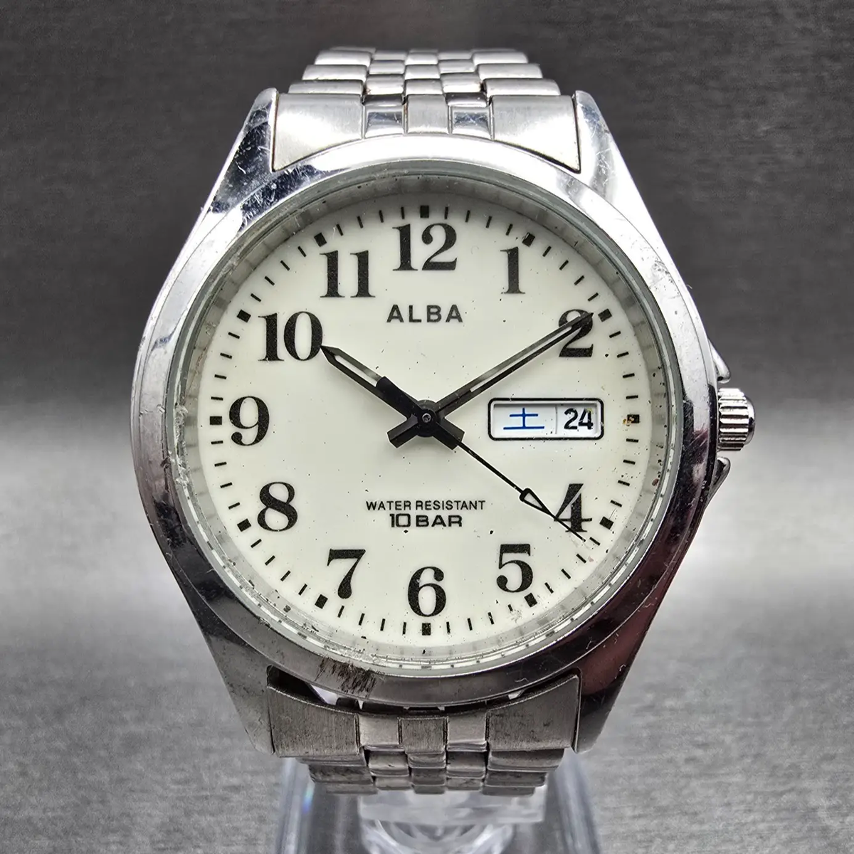 Seiko Alba Watch Men 35mm Luminous Dial Silver Tone Daydate 7N33-K002 New Batt0