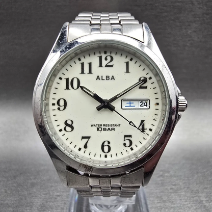 Seiko Alba Watch Men 35mm Luminous Dial Silver Tone Daydate 7N33-K002 New Batt0