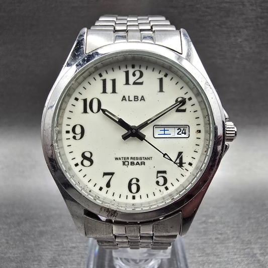 Seiko Alba Watch Men 35mm Luminous Dial Silver Tone Daydate 7N33-K002 New Batt0