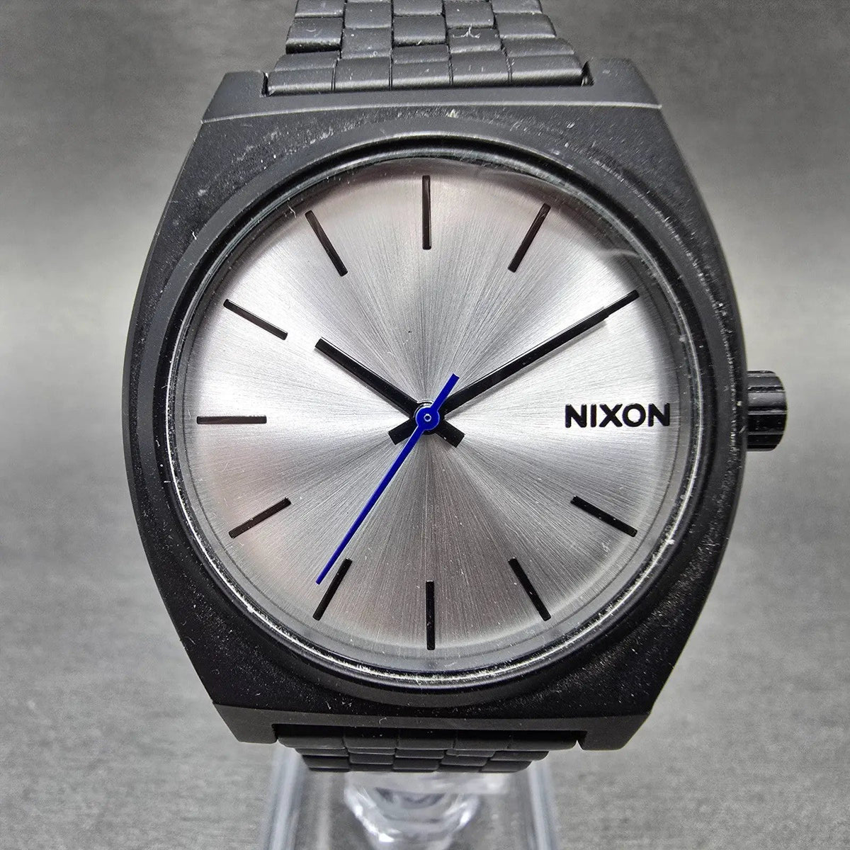 Nixon Time Teller Watch Men 37mm Silver Dial Black Round Bracelet New Battery0