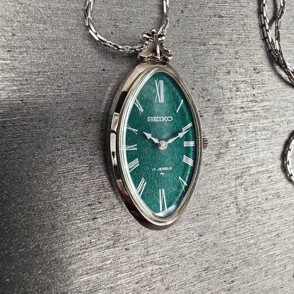 Seiko Necklace Watch Women 19mm Green Dial Silver Tone Oval 11-7990 Manual Wind3