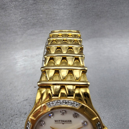 Wittnauer Watch Women 25mm MOP Dial Gold Tone Diamond Bezel Round New Battery4