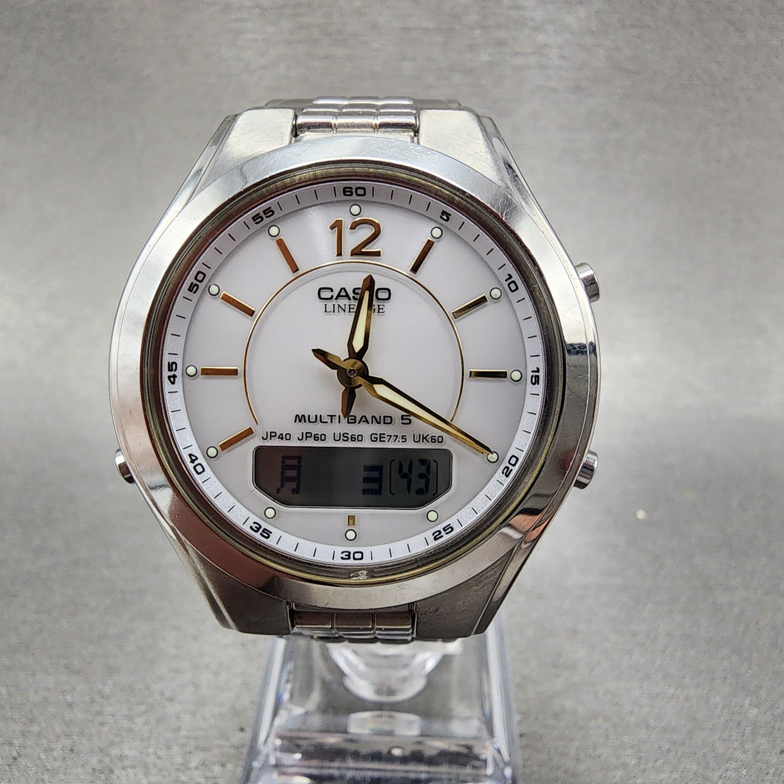Casio Lineage LCWM200 Watch Men 38mm White Dial Steel Analog Digital Solar Runs0