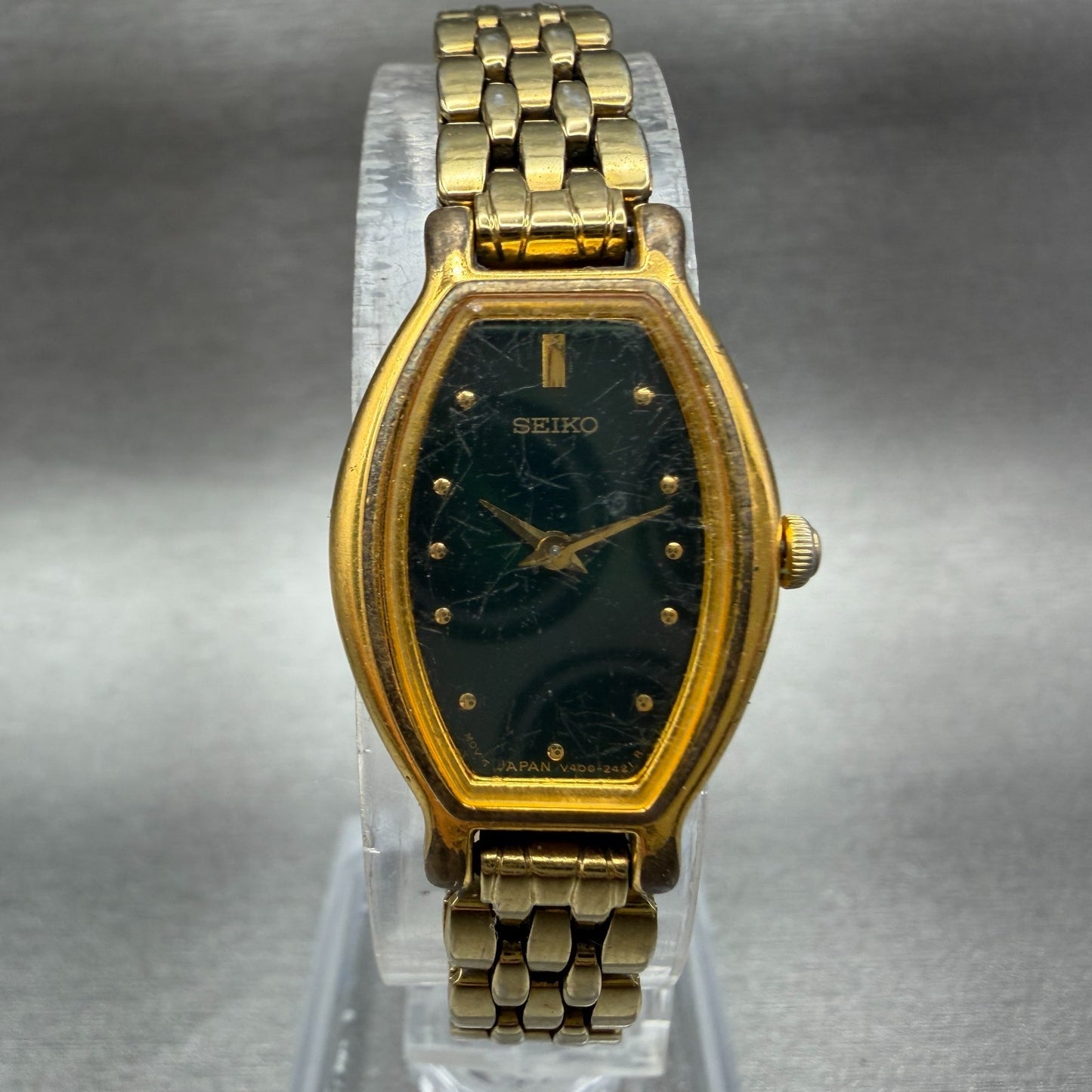 Seiko Watch Women 18mm Green Dial Gold Tone Oval V400-5779 New Battery Vintage0