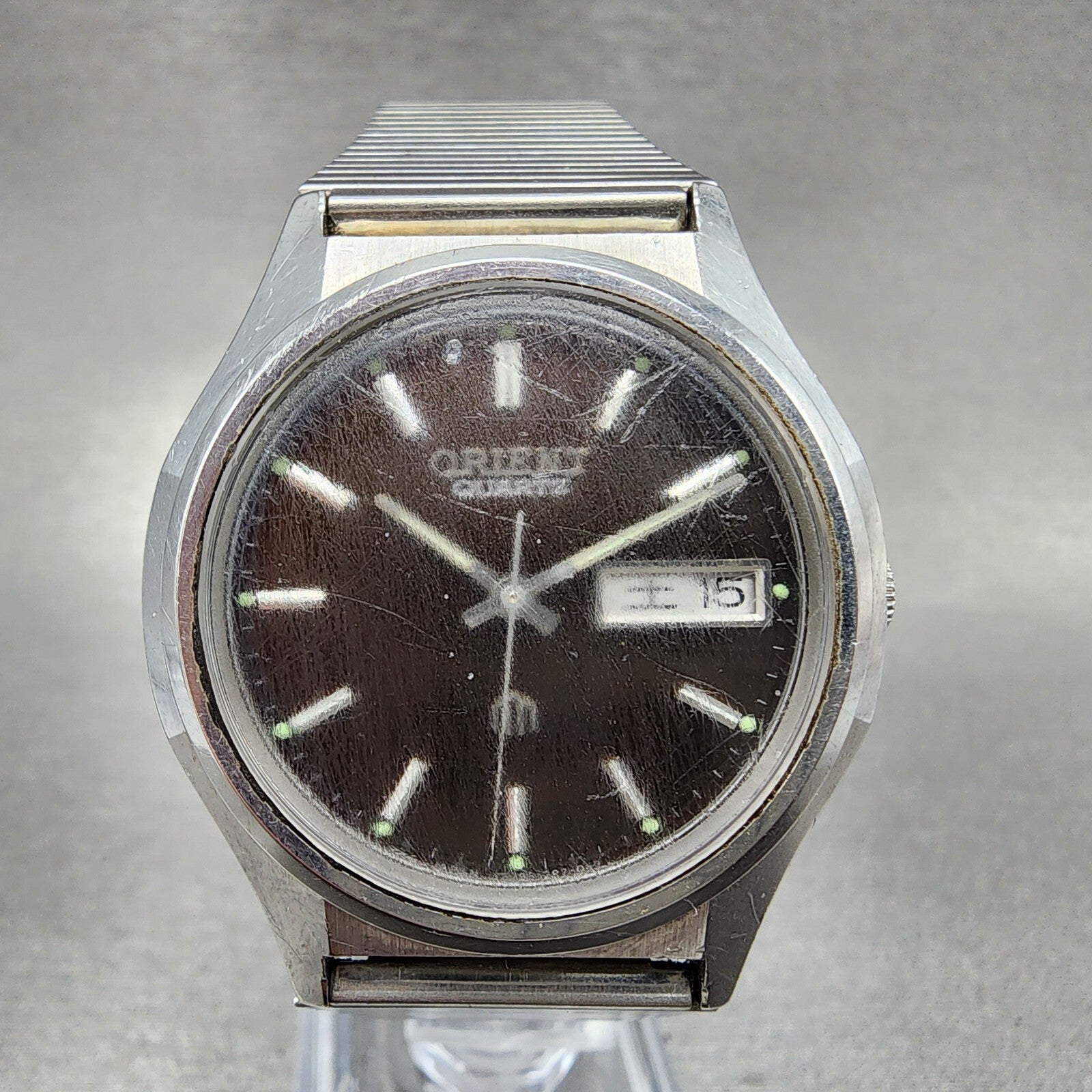 Orient Watch Men 36mm Brown Dial Steel Daydate Round 52912870 New Battery0