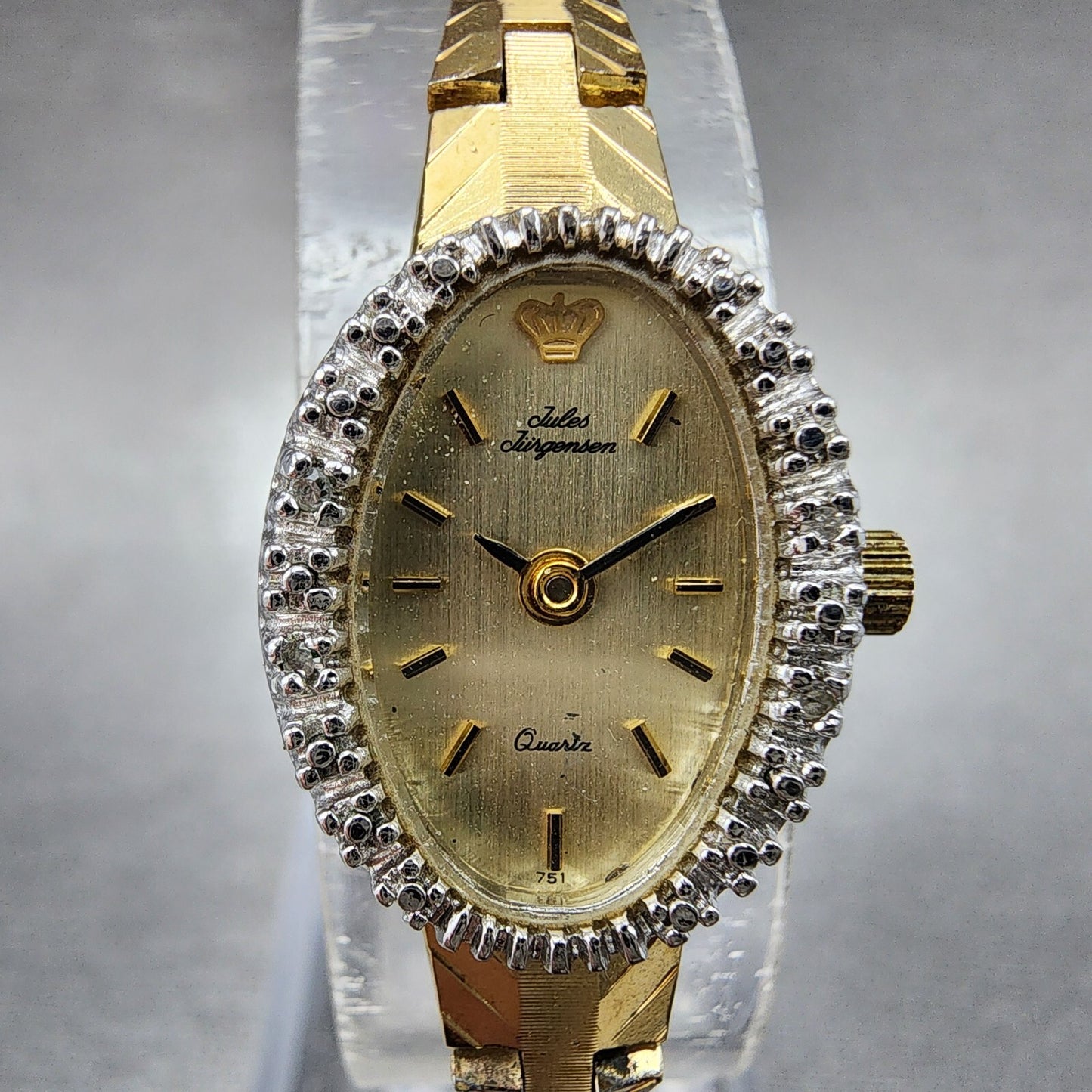 Jules Jurgenson Watch Women 15mm Gold Dial Gold Tone Oval Gem Set Bezel Runs1