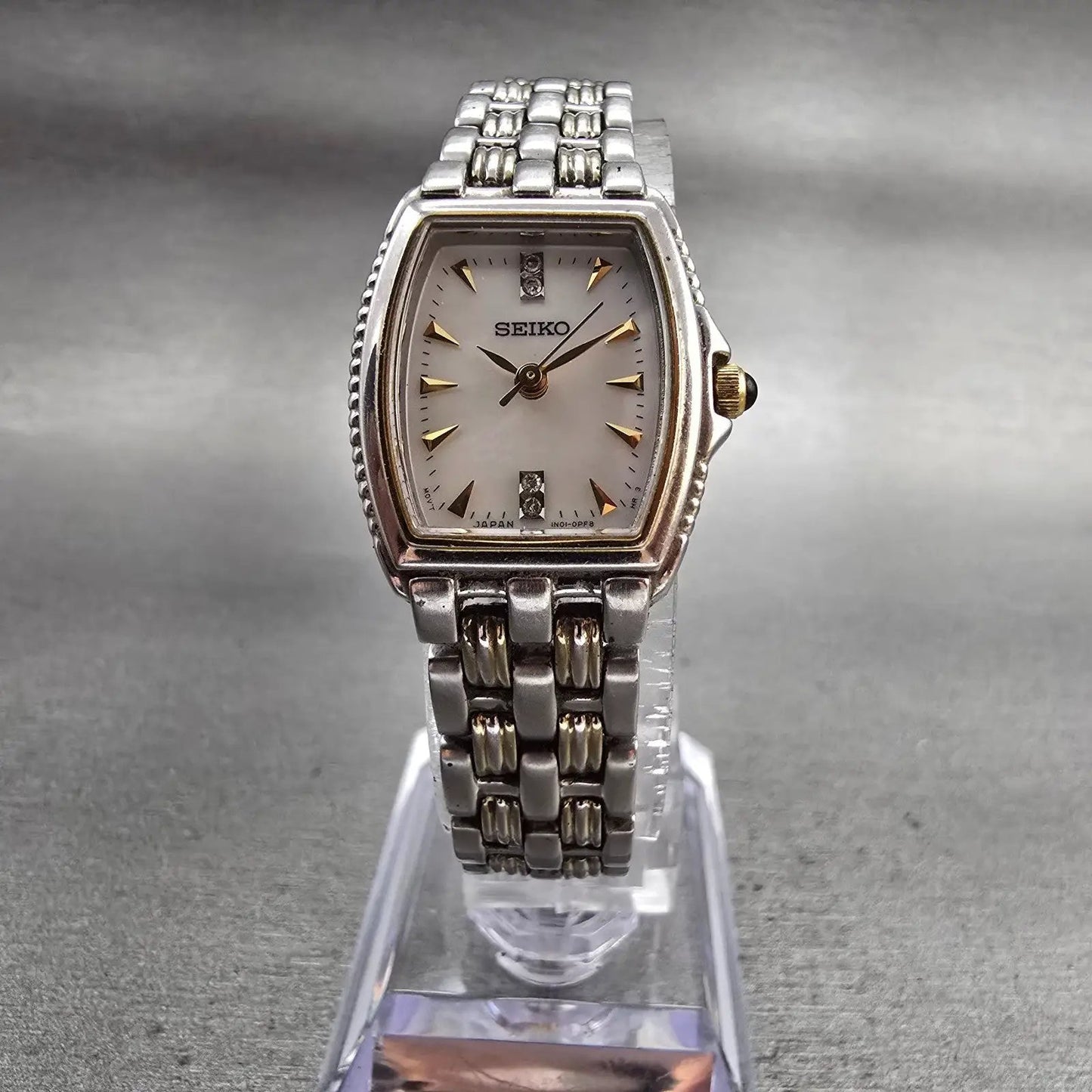 Seiko Watch Women 19mm MOP Dial Silver Tone Rectangle 1N01-0HL0 New Battery VTG5