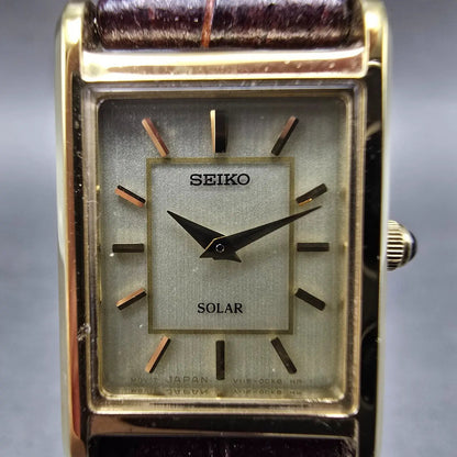 Seiko Solar Tank Watch Women 18mm Champagne Dial Gold Tone V115-0BD0 Runs JP1