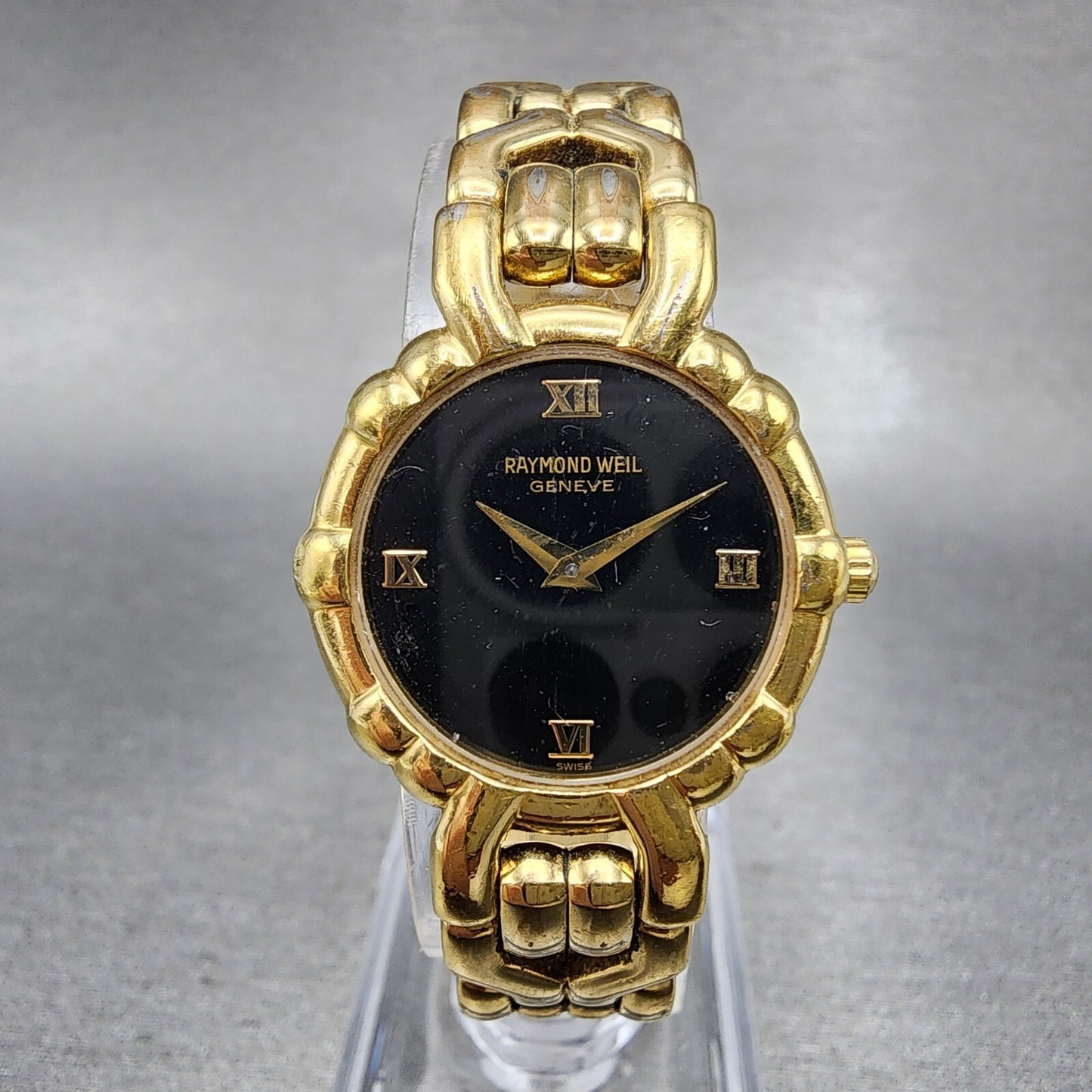 Raymond Weil Watch Women 24mm Black Dial Gold Plated Round 3747 New Battery0