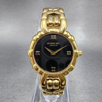 Raymond Weil Watch Women 24mm Black Dial Gold Plated Round 3747 New Battery0