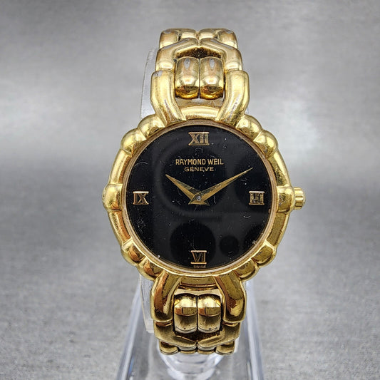 Raymond Weil Watch Women 24mm Black Dial Gold Plated Round 3747 New Battery0