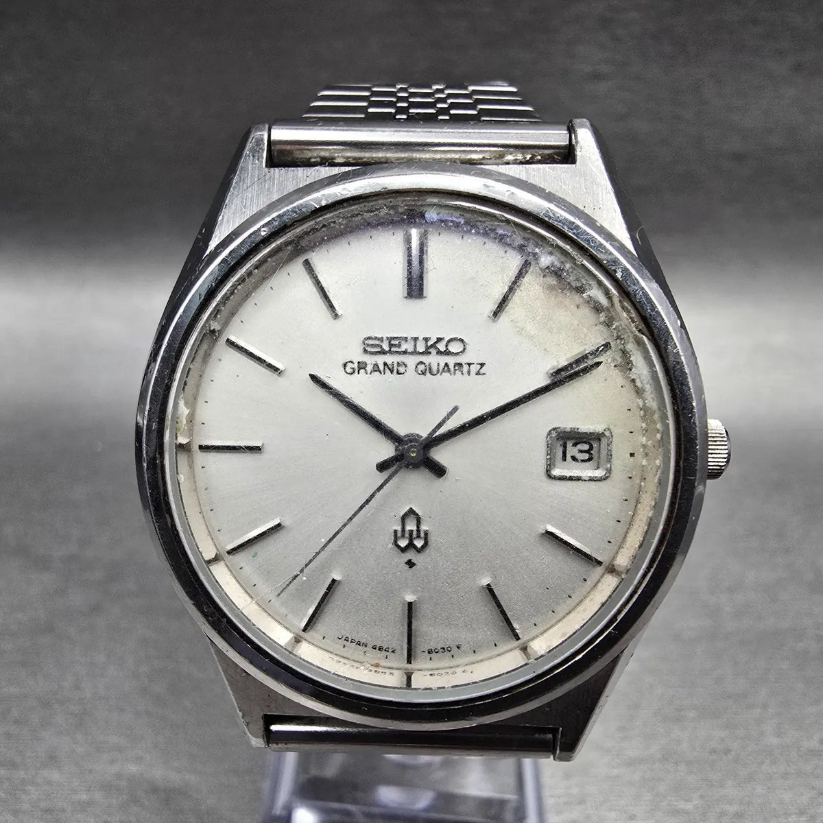 Seiko Grand Quartz Watch Men 36mm Silver Dial Silver Daydate 4842-8041 New Batt1