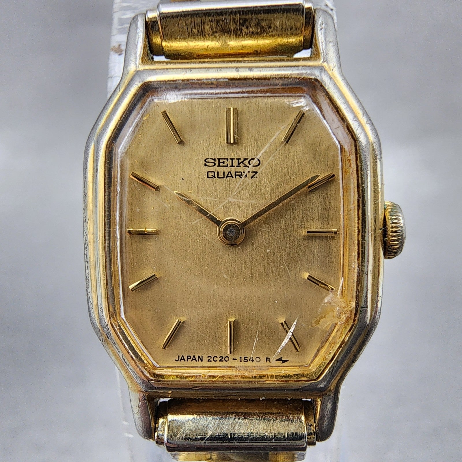 Seiko Watch Women 16mm Champagne Dial Gold Tone Octagon 2C205760 New Battery AB1