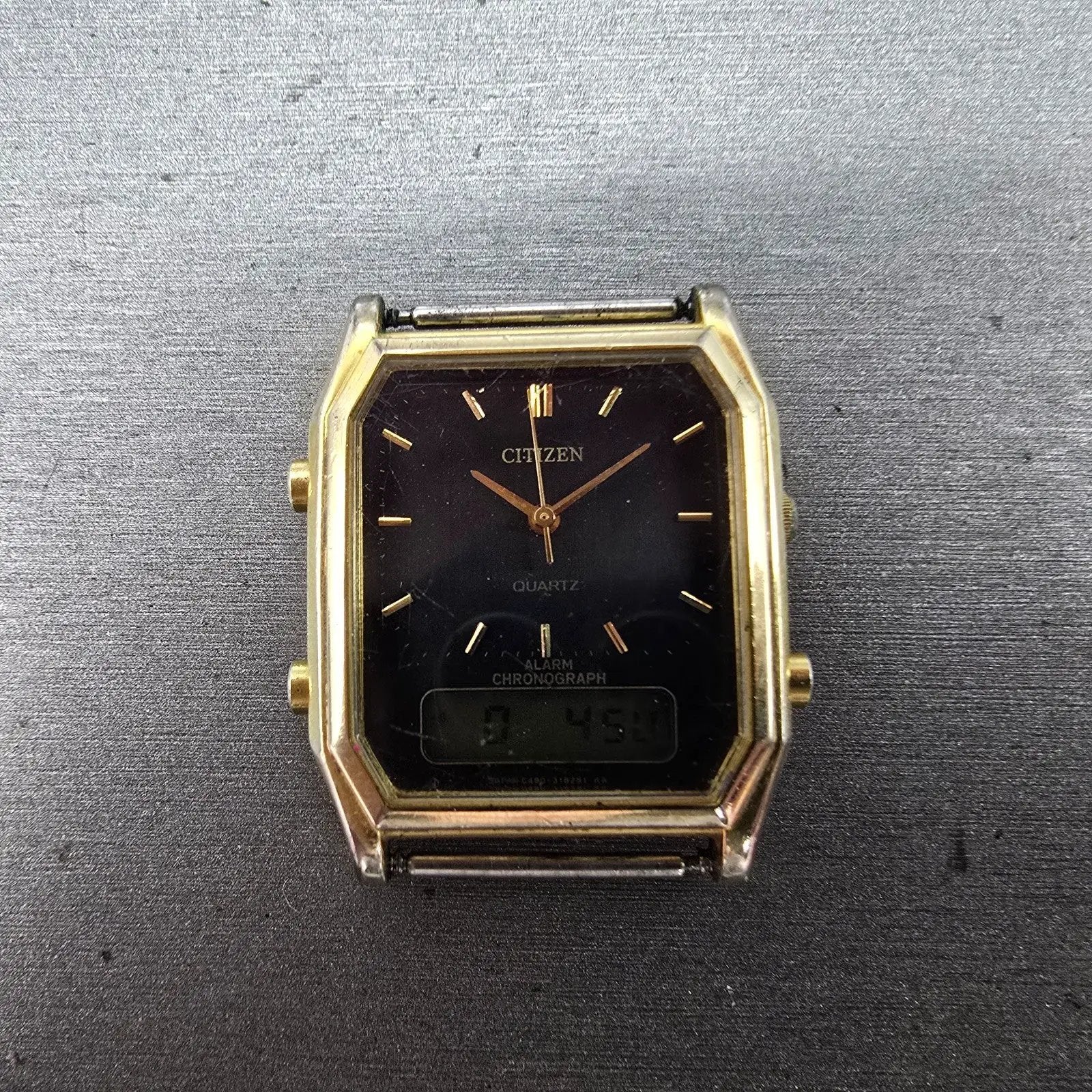Citizen Analog Digital Watch Men 29mm Black Dial Gold Tone Alarm Chrono PARTS0