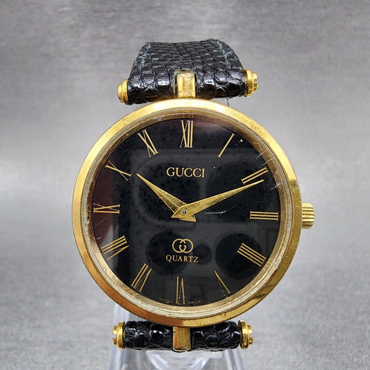 Gucci 2000M Watch Men 30mm Black Dial Gold Plated Leather Round New Battery0