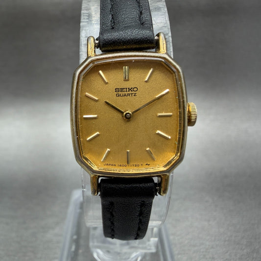 Seiko Watch Women 17mm Gold Dial Gold Tone Octagon 1400-6000 Leather New Battery0