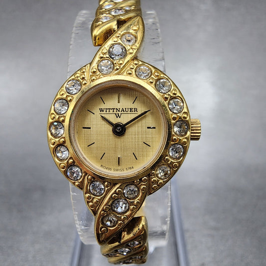 Wittnauer Watch Women 19mm Gold Dial Gold Tone Round Crystal Accents New Battery0